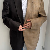Pale plaid and chocolate brown speckered contrasted blazer
