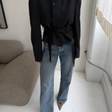 Grey pinstriped Belted blazer