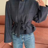 Belted blazer in blue plaid