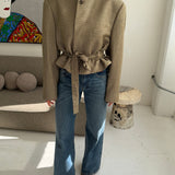 Belted blazer in speckered yellow silk and wool mix