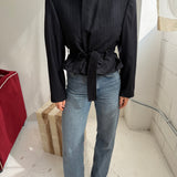Belted blazer in Blue pinstriped