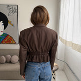 Cinched waist cropped blazer in brown Pinstriped