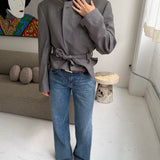 Speckered grey belted cropped blazer