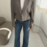 Cinched waist cropped blazer in white and blue houndstooth