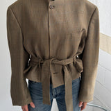 Belted blazer in warm houndstooth