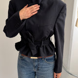Belted blazer in Navy pinstriped