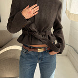 Structured plaid brown belted blazer