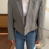 Cinched waist cropped blazer in black and white houndstooth with an overcheck
