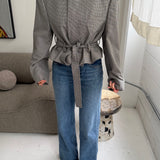 Belted blazer in Brown and blue houndstooth