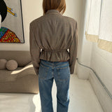 Cinched waist cropped blazer in Beige Checkered