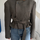 Belted blazer in houndstooth green toned