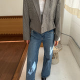 Cinched waist cropped blazer in black and white houndstooth with an overcheck