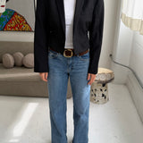Cinched waist cropped blazer in black pinstriped