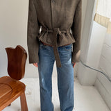 Belted blazer in light brown herringbone