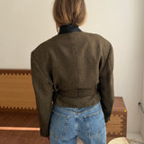 Belted blazer in big houndstooth in yellow and green tones