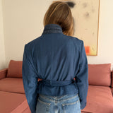 Belted blazer in blue herringbone