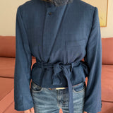 Belted blazer in blue herringbone