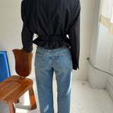 Belted blazer in Navy striped