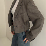 Black/white houndstooth cinched cropped blazer