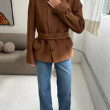 Double belted blazer in corduroy caramel