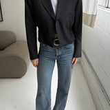 Cinched waist cropped blazer in dark grey pinstriped