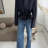 Belted blazer in blue checkered