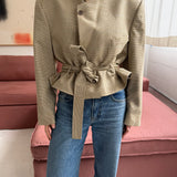 Belted blazer in light yellow houndstooth