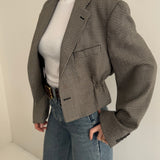 Black/white houndstooth cinched cropped blazer