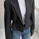 Cinched waist cropped blazer in grey pinstriped