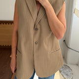 Button back vest in khaki pinstriped
