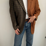 Cognac and chocolate plaid wool contrasted blazer