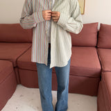 Brown and green pinstriped contrasted shirt