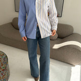 Blue with white and black stripes and white with blue and yellow stripes contrasted shirt