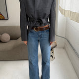 Belted blazer in Blue greyish houndstooth