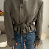 Belted blazer in dusty green speckered