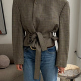 Belted blazer in Plaid with hints of blue