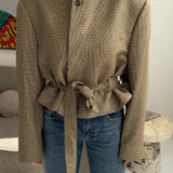 Belted blazer in speckered yellow silk and wool mix