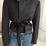 Checkered grey belted blazer