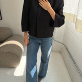 Cropped boxy blazer in black pinstriped