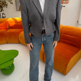 Pale grey pinstriped cinched waist cropped blazer