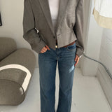 Cinched waist cropped blazer in white and blue houndstooth