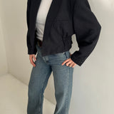 Dark blue speckered cinched cropped blazer