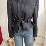 Grey pinstriped Belted blazer