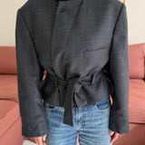 Belted blazer in blue houndstooth