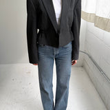 Cinched waist cropped blazer in grey pinstriped