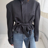 Belted blazer in dark blue speckered
