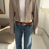 Cinched waist cropped blazer in textured pale grey