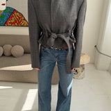 Belted blazer in grey wool lightly checkered