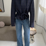 Belted blazer in blue checkered