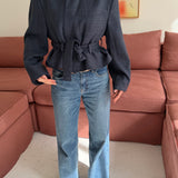 Belted blazer in blue plaid
